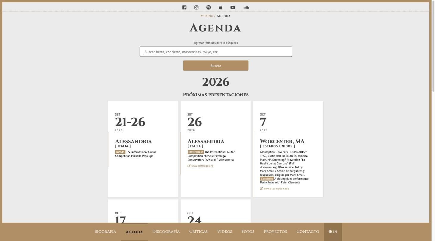 Calendar: touring dates with search and filter by year — Berta Rojas