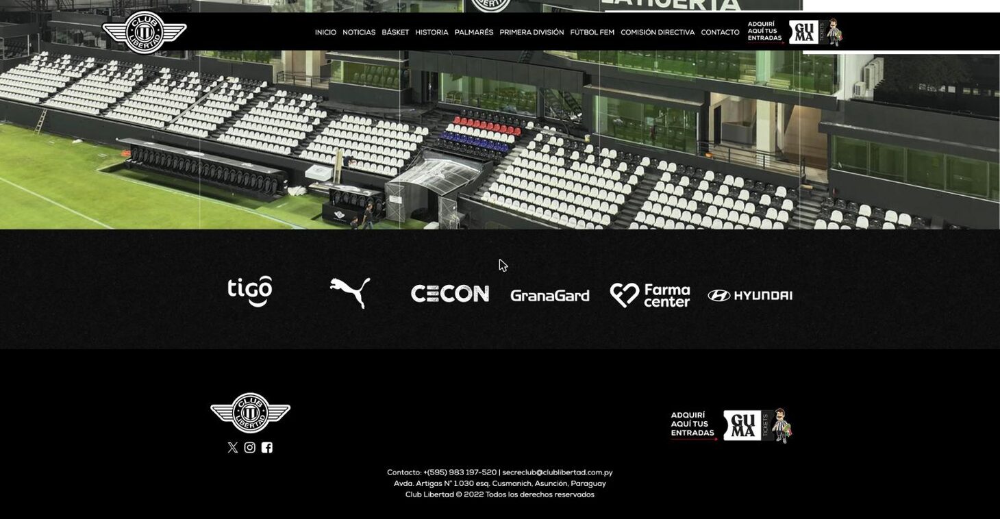 Home: sponsor band on black and institutional footer — Club Libertad