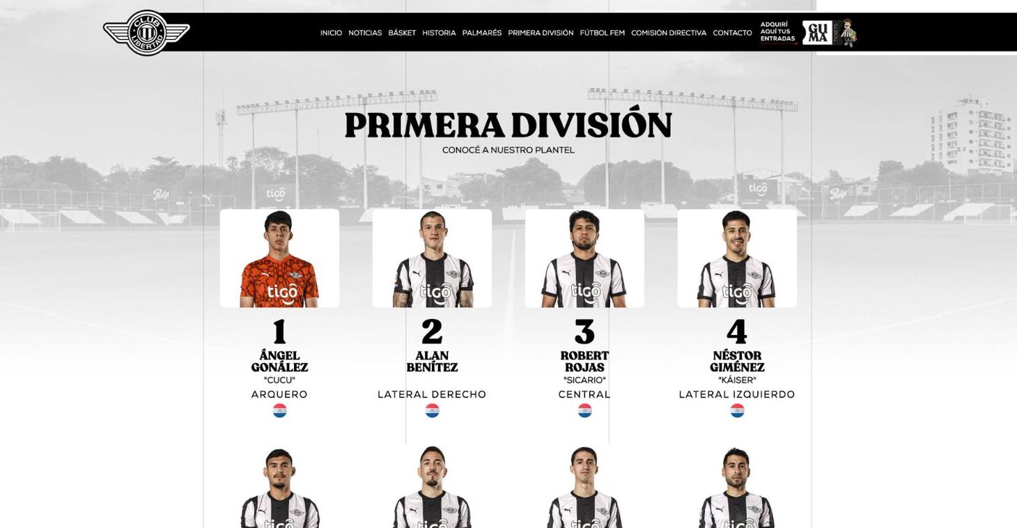 First Team: squad with number, name, nickname, position and flag — Club Libertad