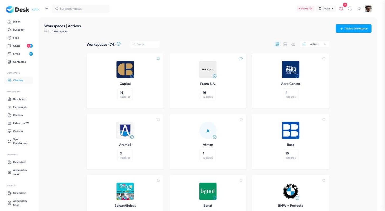 Workspaces: 74 active clients, each with its own boards — Desk