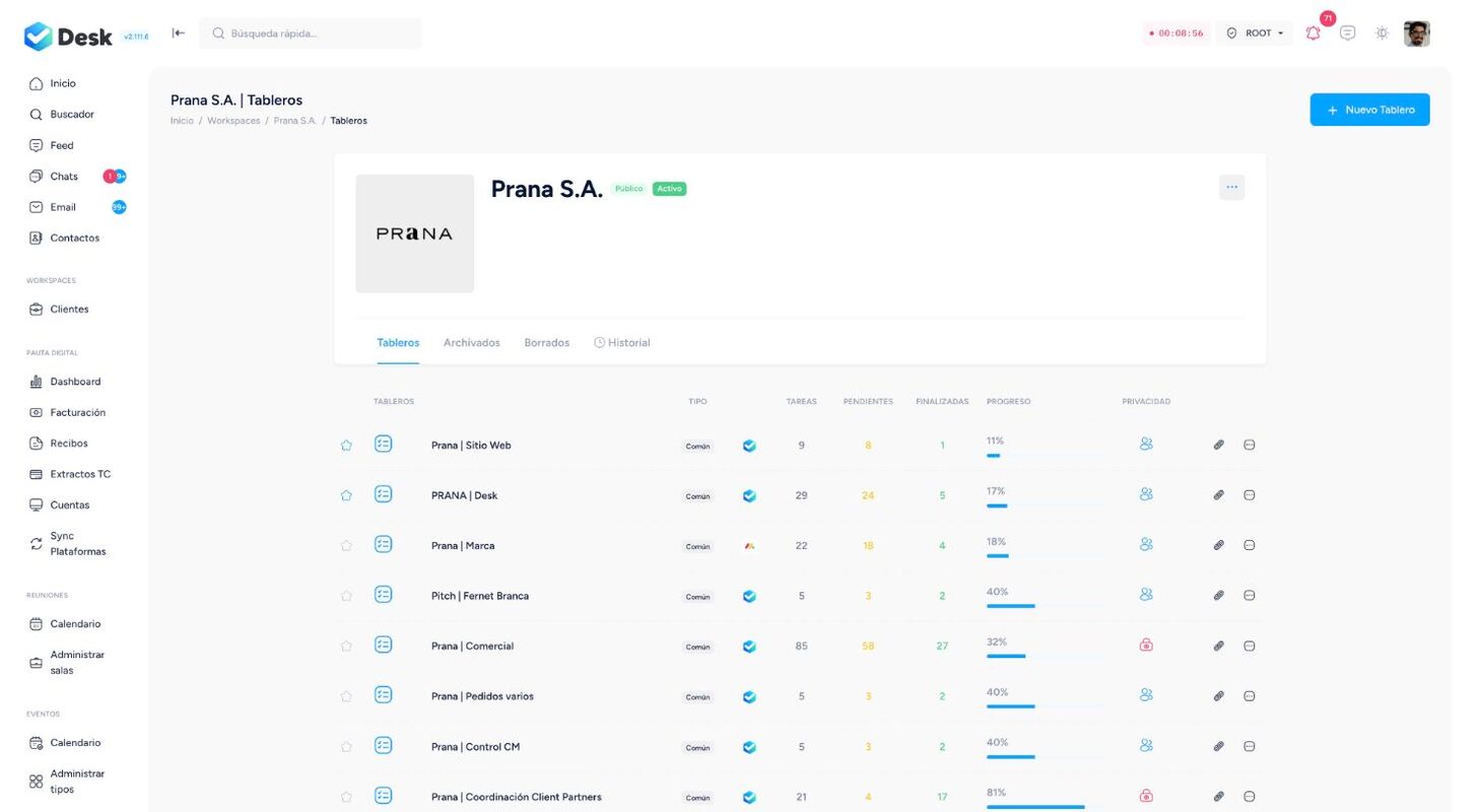 A client workspace: boards with tasks, pending items, progress and privacy — Desk