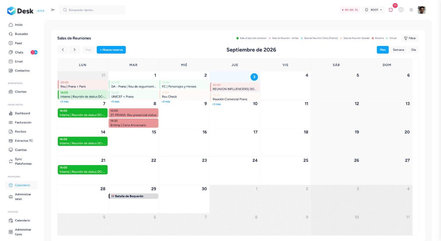 Meeting-room calendar with bookings and filter by room — Desk