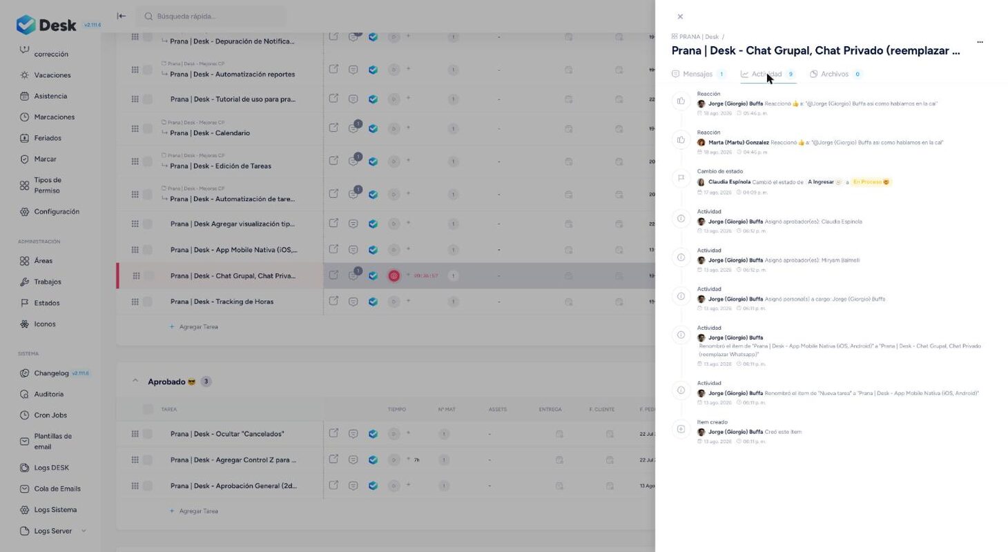 Task drawer: activity history (statuses, assignments, renames) — Desk