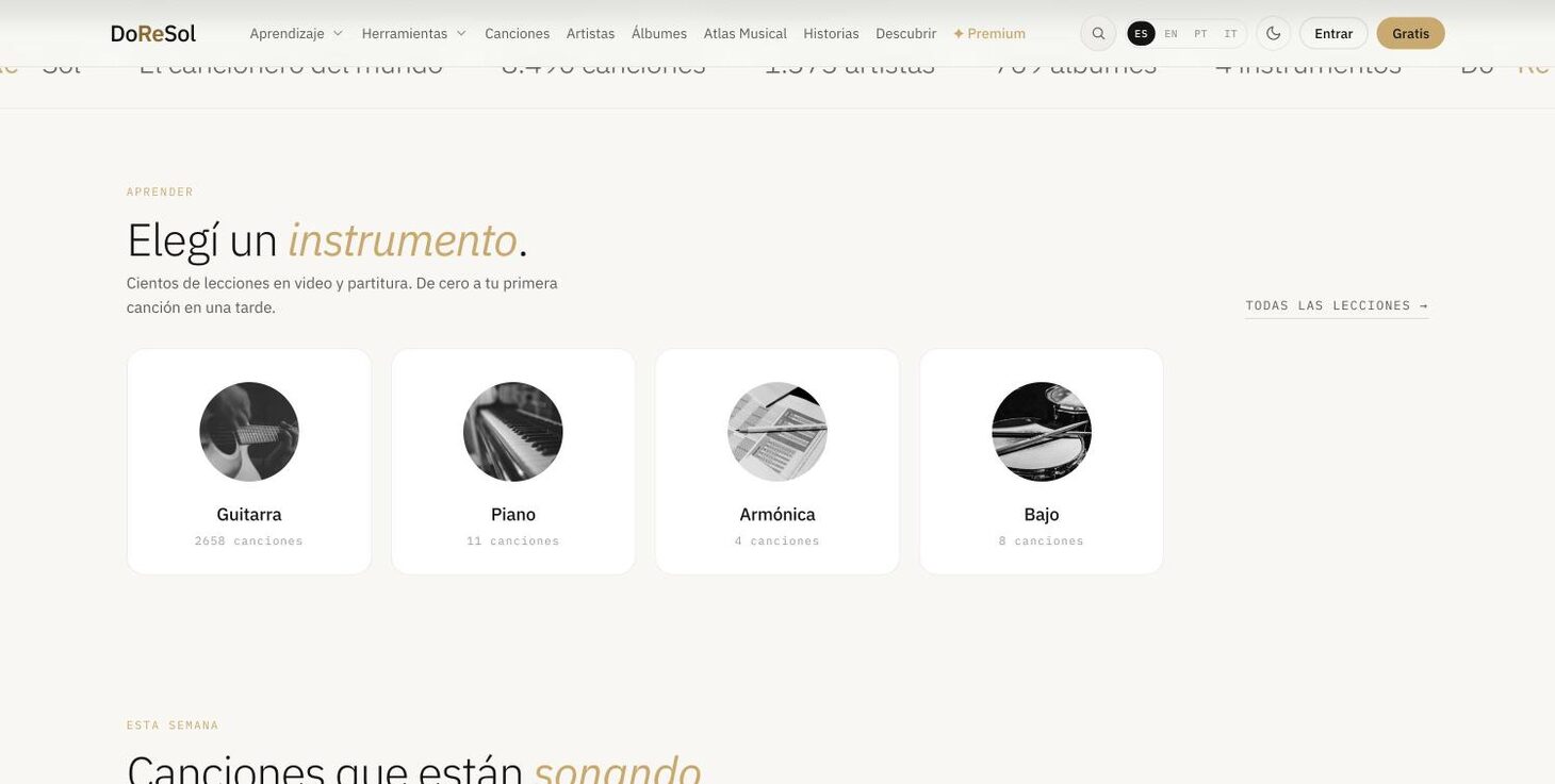 Home: choose an instrument (guitar, piano, harmonica, bass) — DoReSol