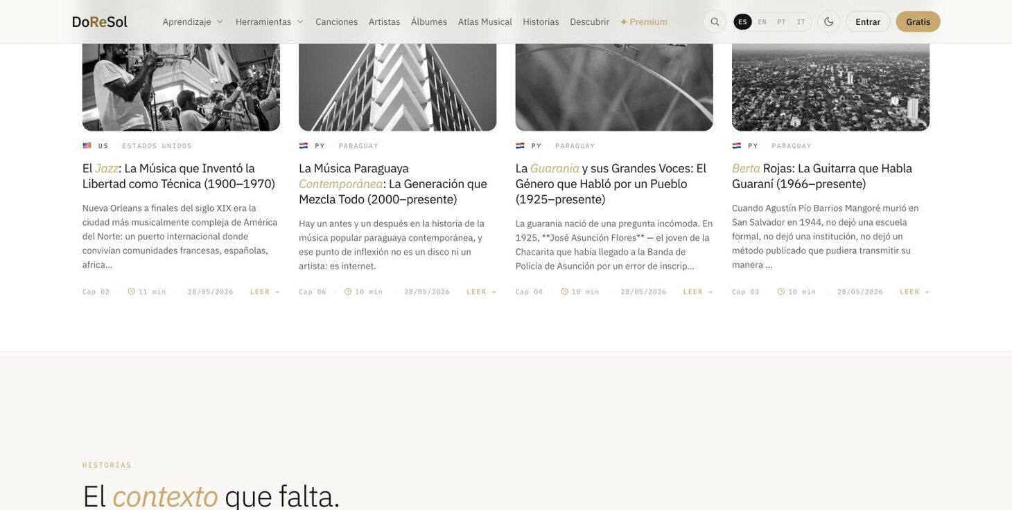Home: Atlas chapters (jazz, Paraguayan music, guarania, Berta Rojas) — DoReSol