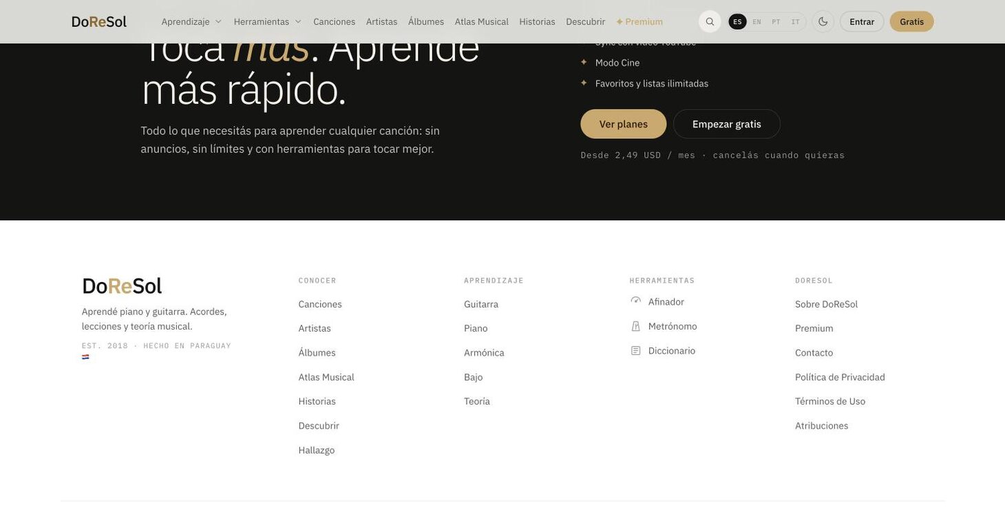Home: Premium and footer (Est. 2018 · Made in Paraguay) — DoReSol