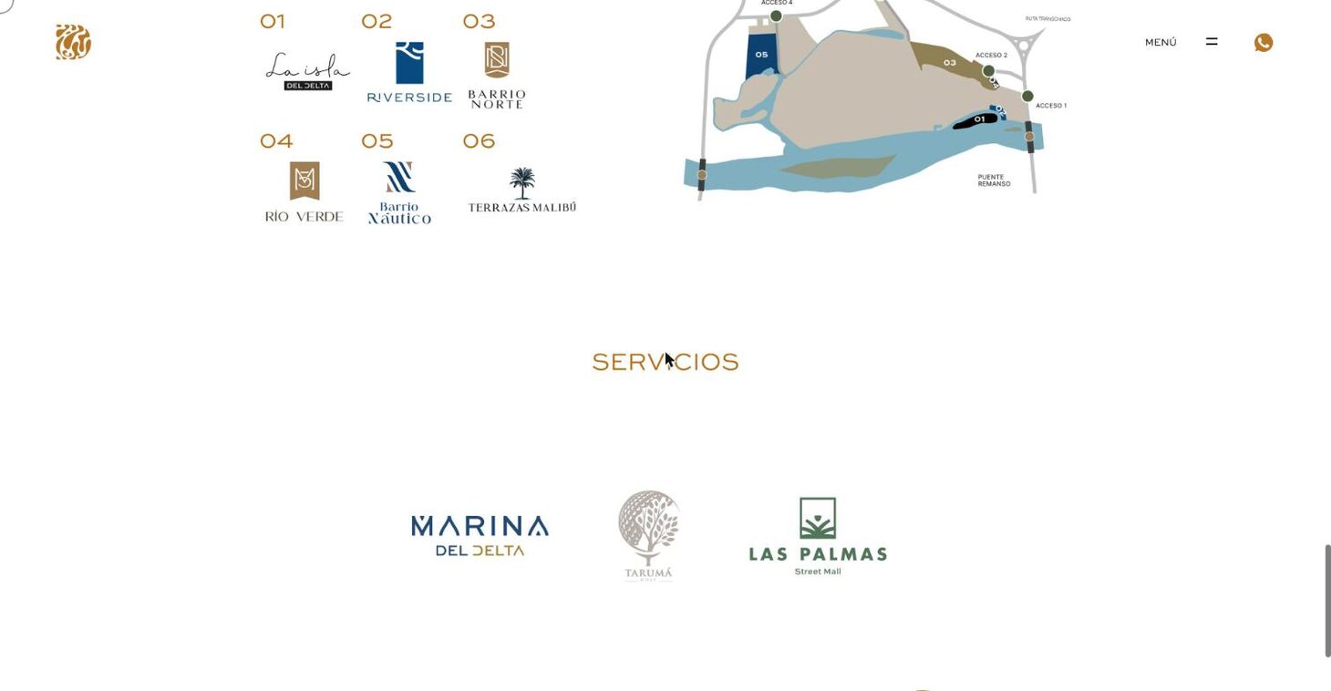 Home: the six developments numbered, each with its own logo — El Delta
