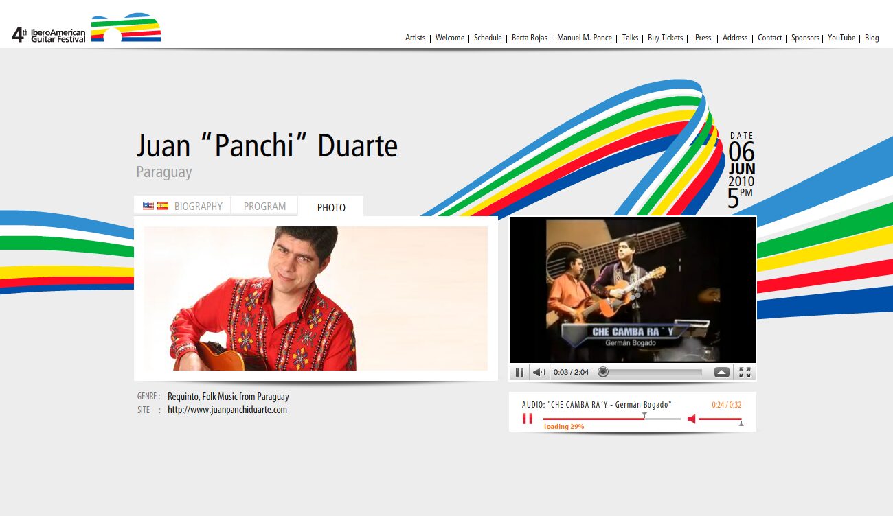 Artist page: Juan "Panchi" Duarte, Paraguay — biography, programme and photograph in two languages, with video and audio — 4º Festival Iberoamericano de Guitarra