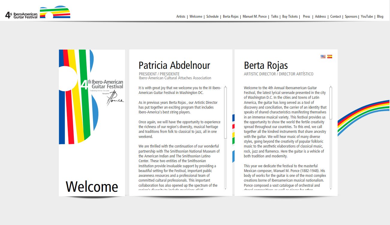 Welcome: the letters signed by the president and by Berta Rojas as artistic director — 4º Festival Iberoamericano de Guitarra