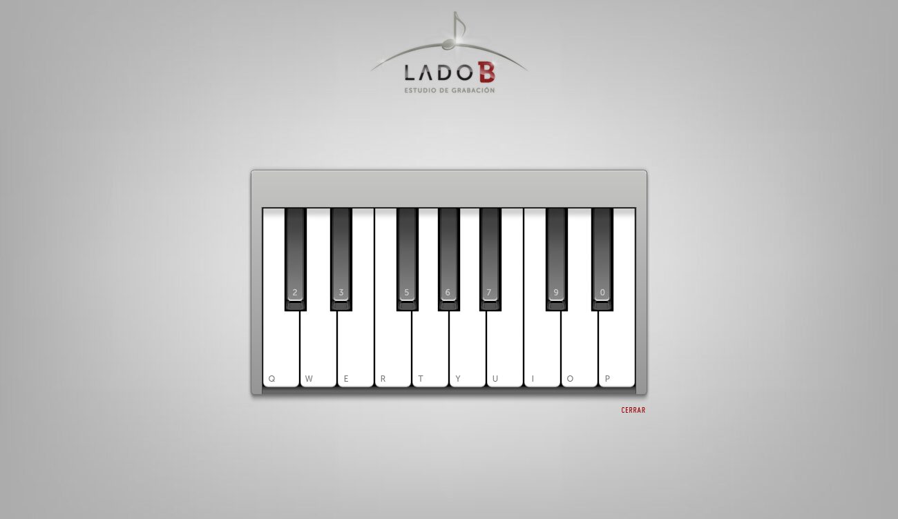 The piano, mapped to the computer keyboard: white keys on QWERTYUIOP, black keys on 2357890 — Lado B