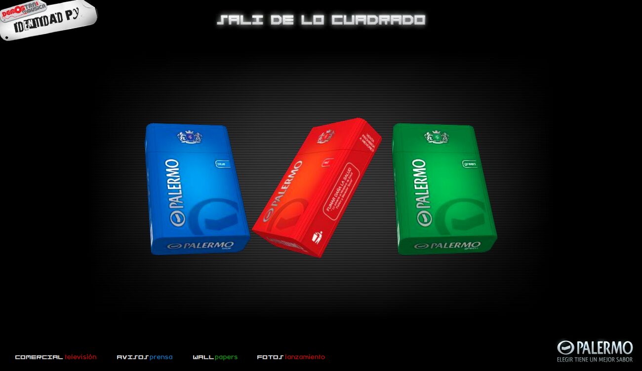 The packs spinning in 3D, lit from their own colour — Palermo