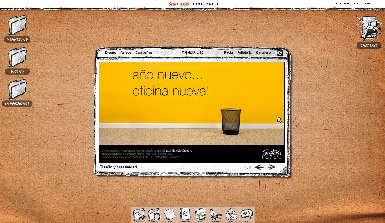 The Work window, with tabs by category and a 1/5 pager — Sintaxis