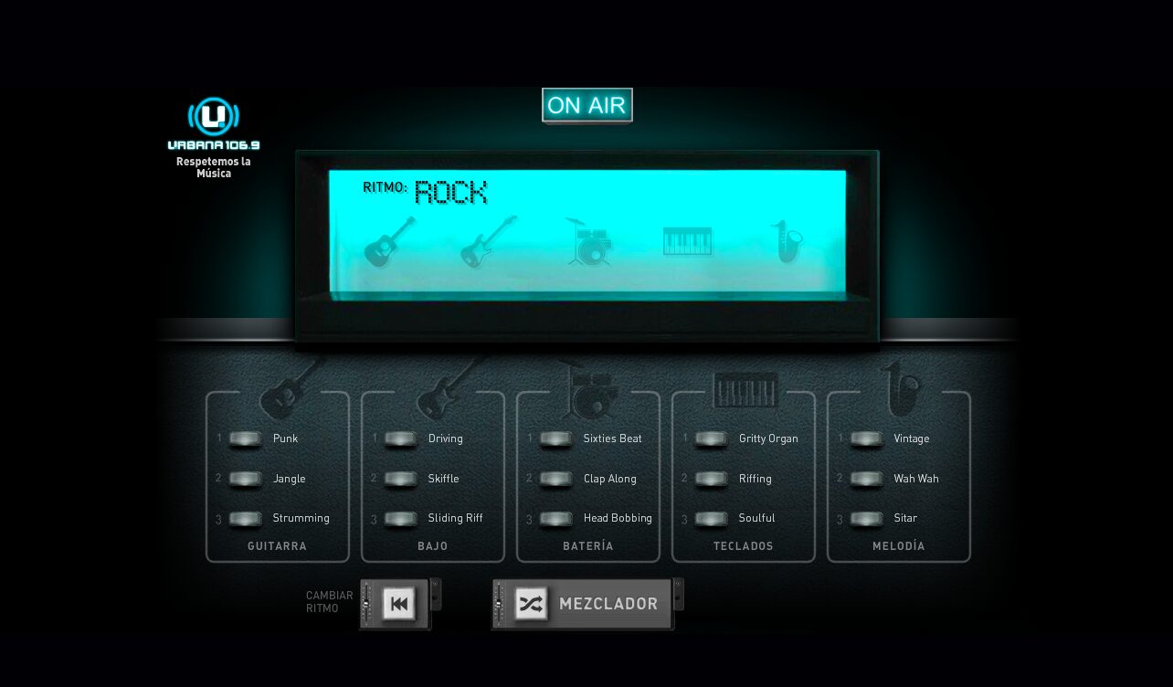 The mixer: five instruments, three variants each, nothing chosen yet — Creá tu Tema