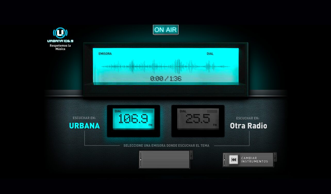The payoff: choose which station to hear your track on — Urbana 106.9 or "another station" at 25.5 FM — Creá tu Tema