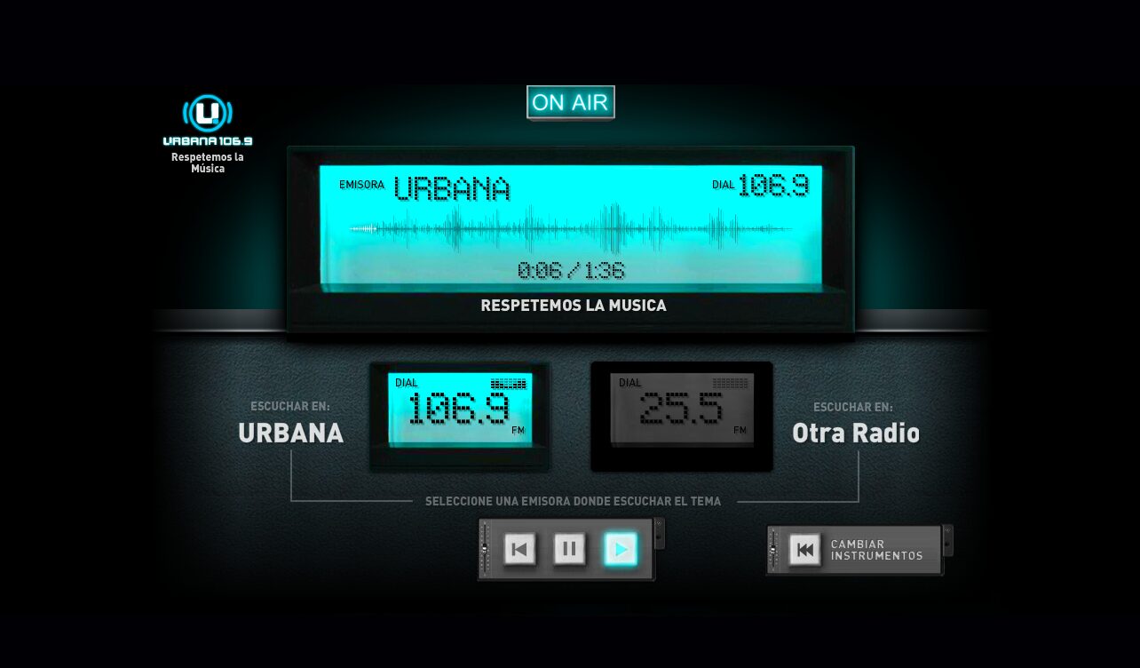 Playing on Urbana 106.9, with the waveform and the claim "let's respect music" — Creá tu Tema